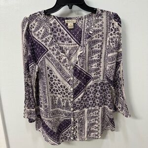 LUCKY BRAND V Neck Purple/Cream Geometric Women's 3/4 Sleeve Cotton Blouse Sz M